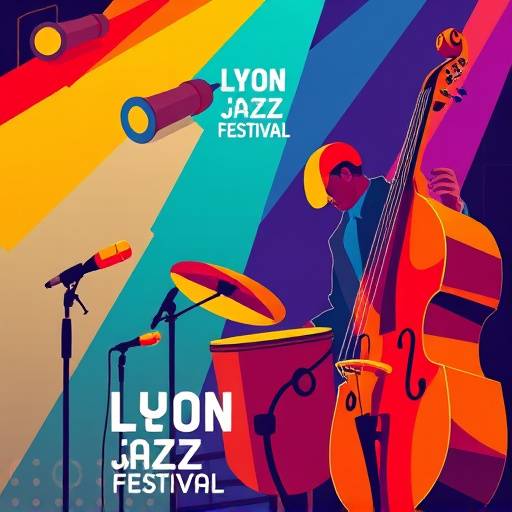 Affiche colorée pour le Festival de Jazz de Lyon, représentant des instruments stylisés.